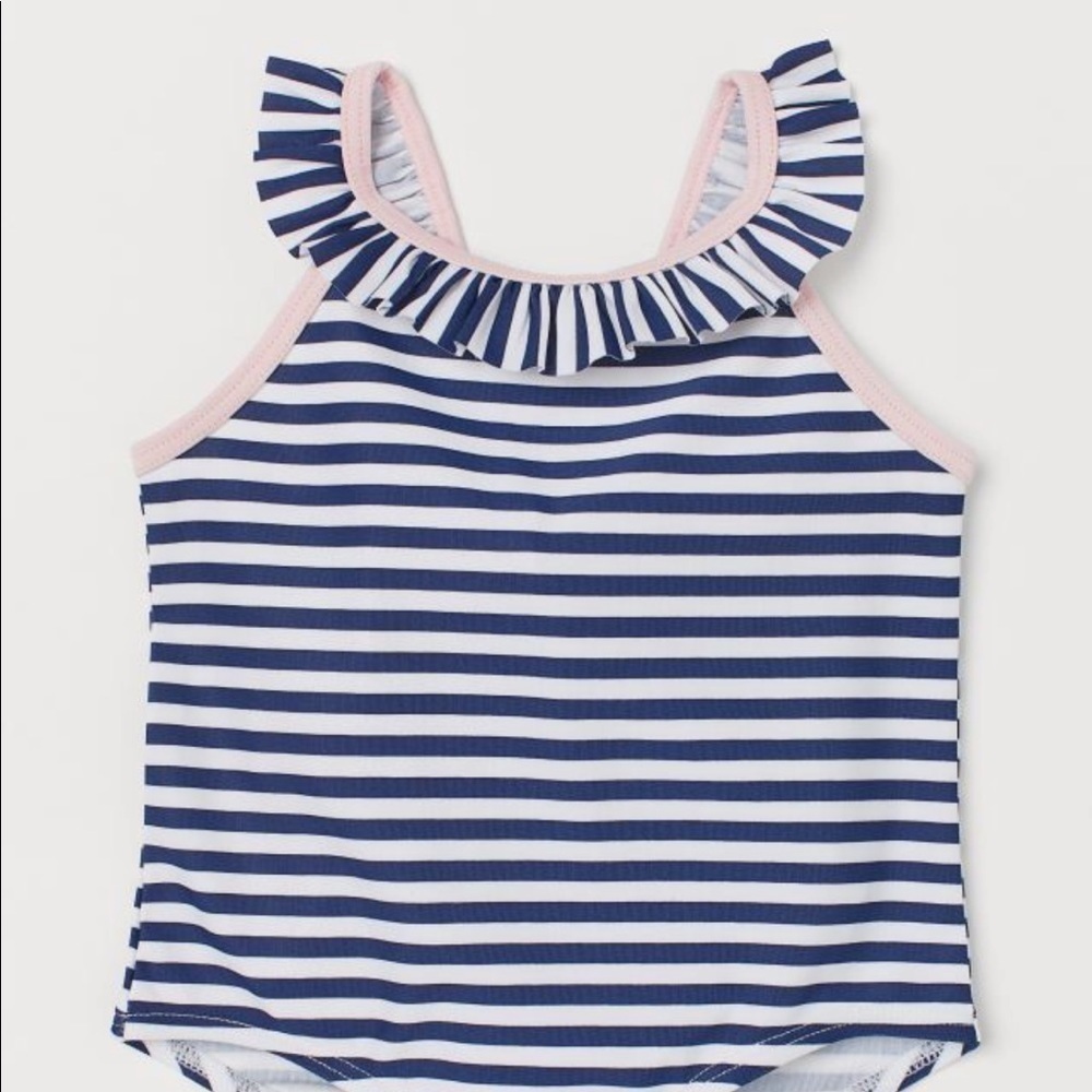 New H&M Striped Ruffle Bathing Suit Blue White Pink 12M